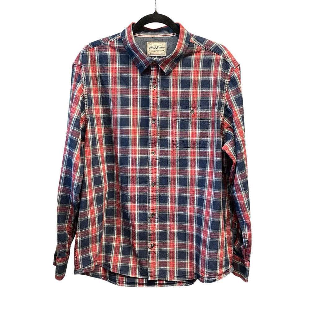 Flag & Anthem Shirt Mens XL Red Blue Plaid Pocket Long Sleeve Classic Button-Up